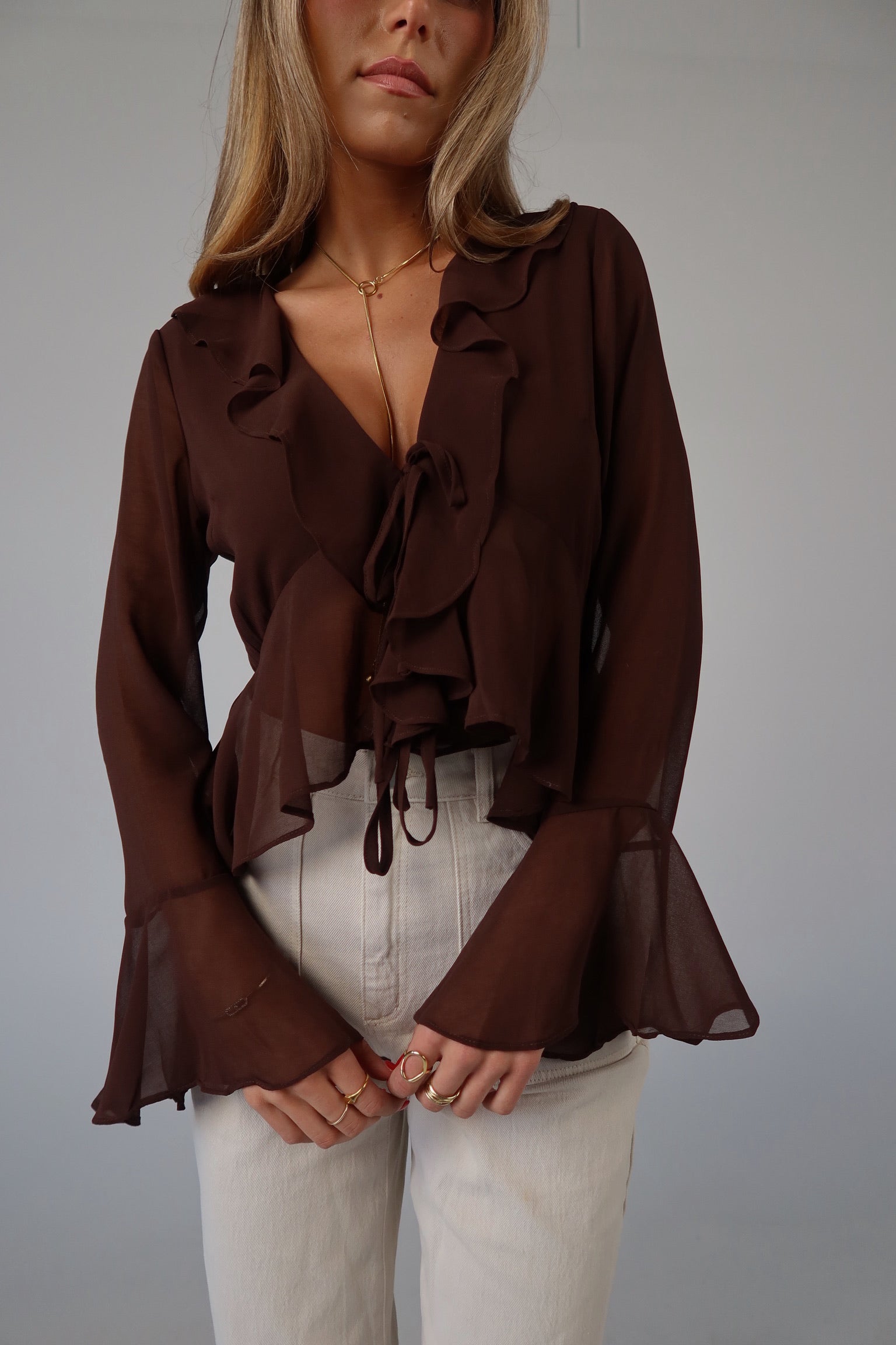 Brown Chiffon Tie-Front Top