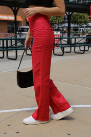 Red High Rise Linen Pant