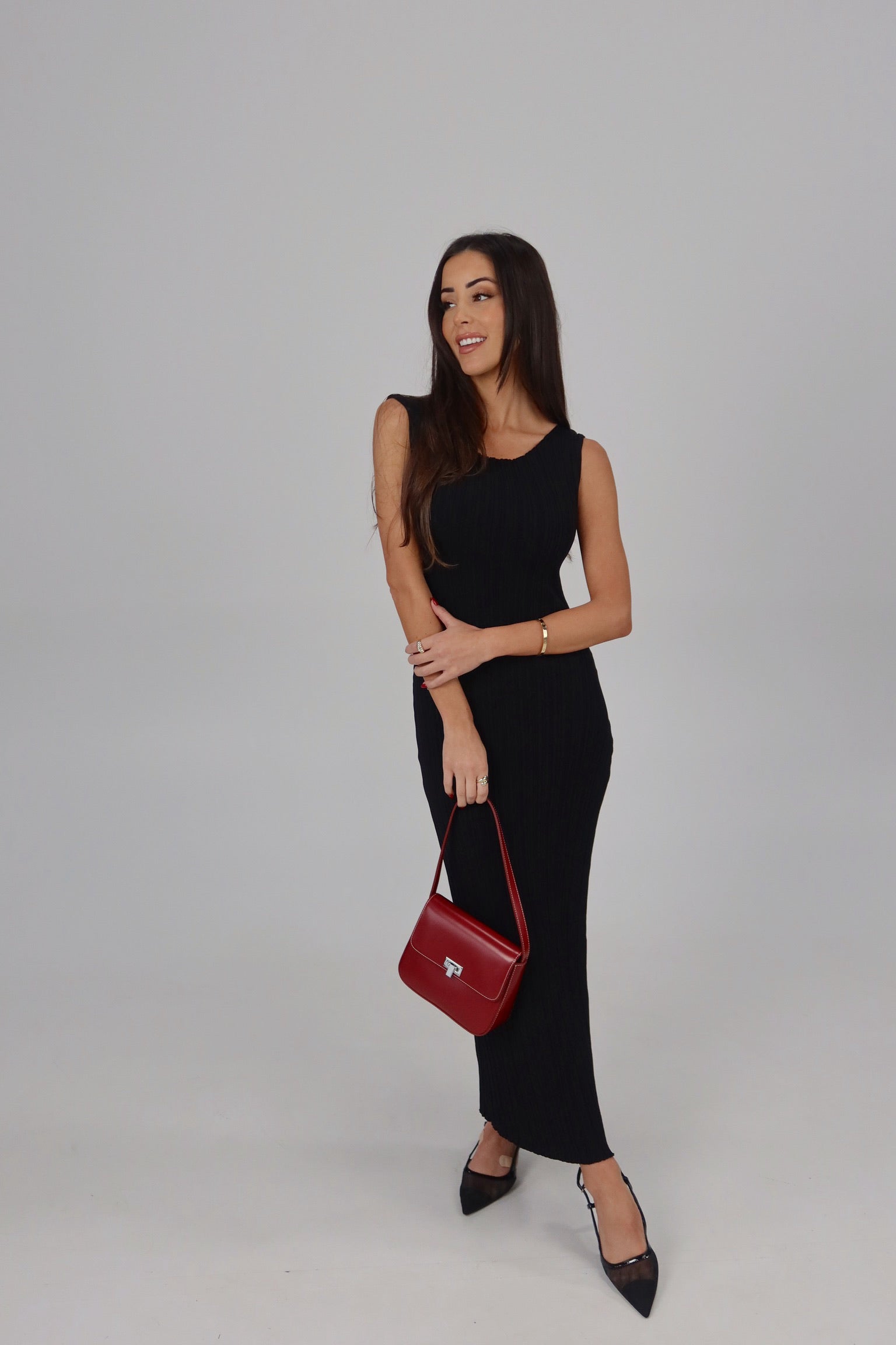 Payton Rib Knitted Midi Dress in Black