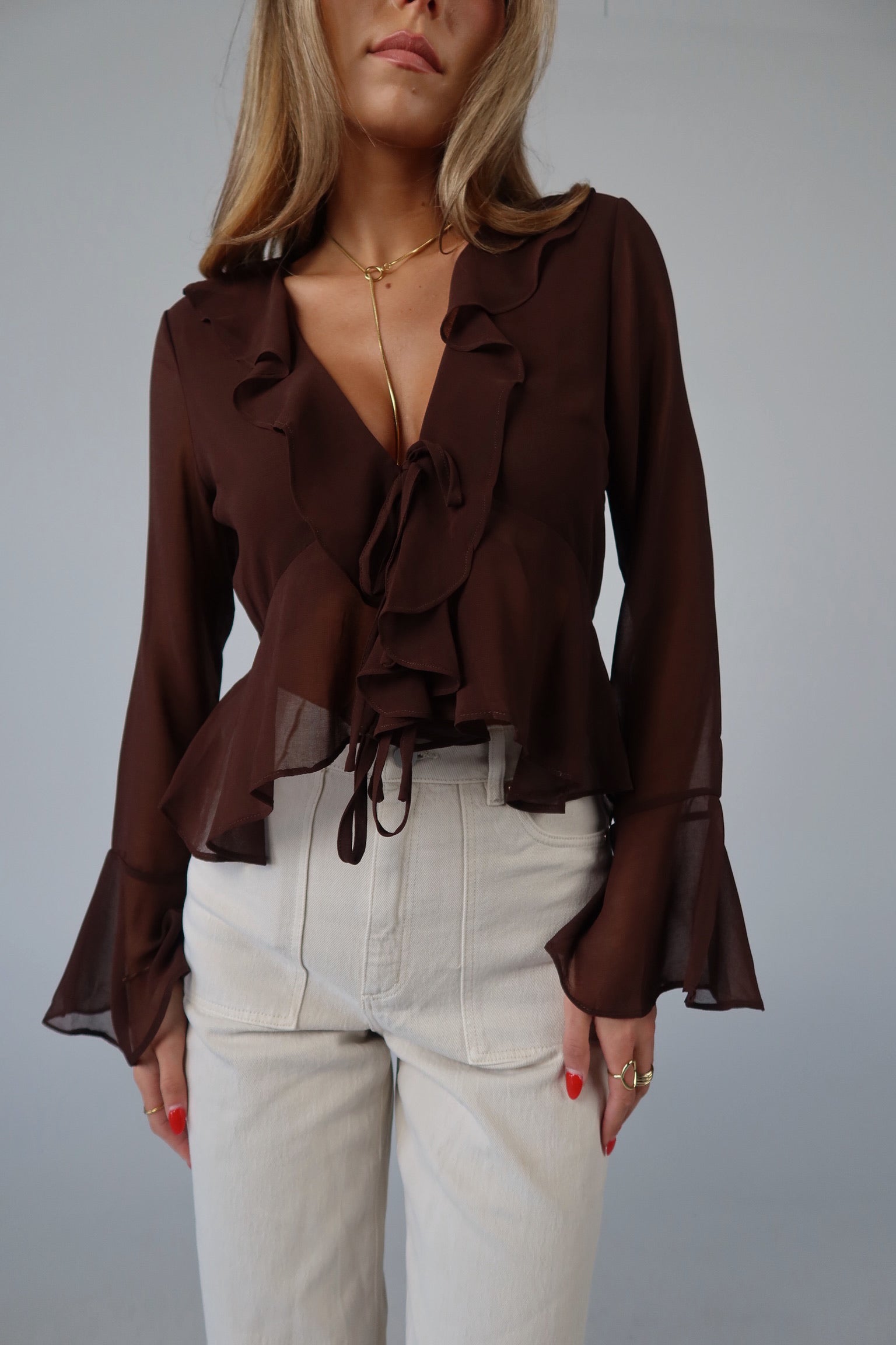 Brown Chiffon Tie-Front Top