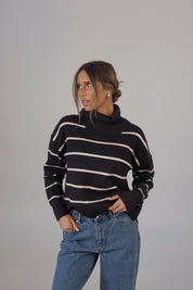 Striped Cozy Crop Turtleneck in Charcoal