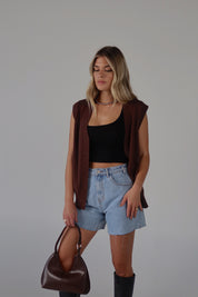 Brown Sleeveless Button-Down Sweater