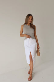 Lia Front Slit Denim Midi Skirt