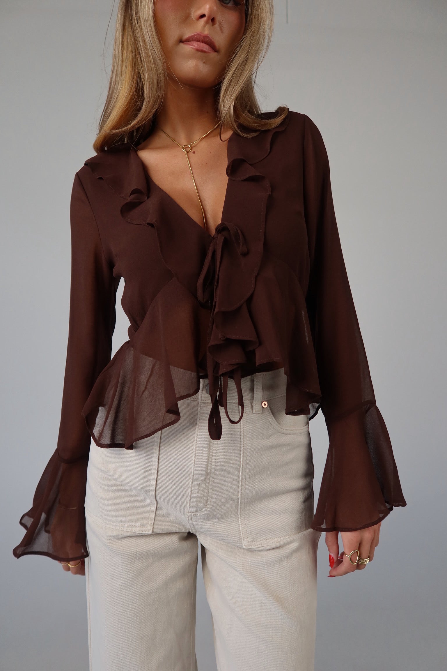 Brown Chiffon Tie-Front Top