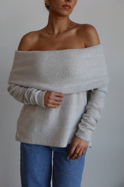 Cozy Luxe Off-Shoulder Hacci Top in Light Grey