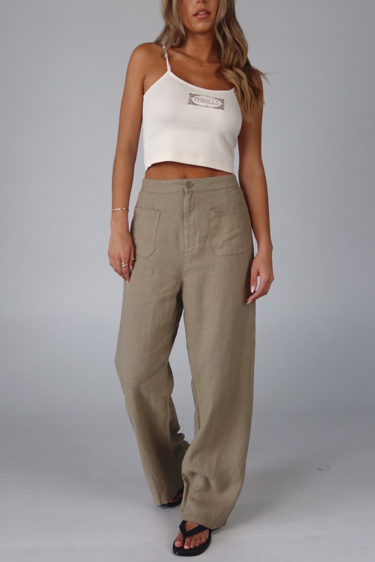 Olive Linen Washed Pocket Detail Pant