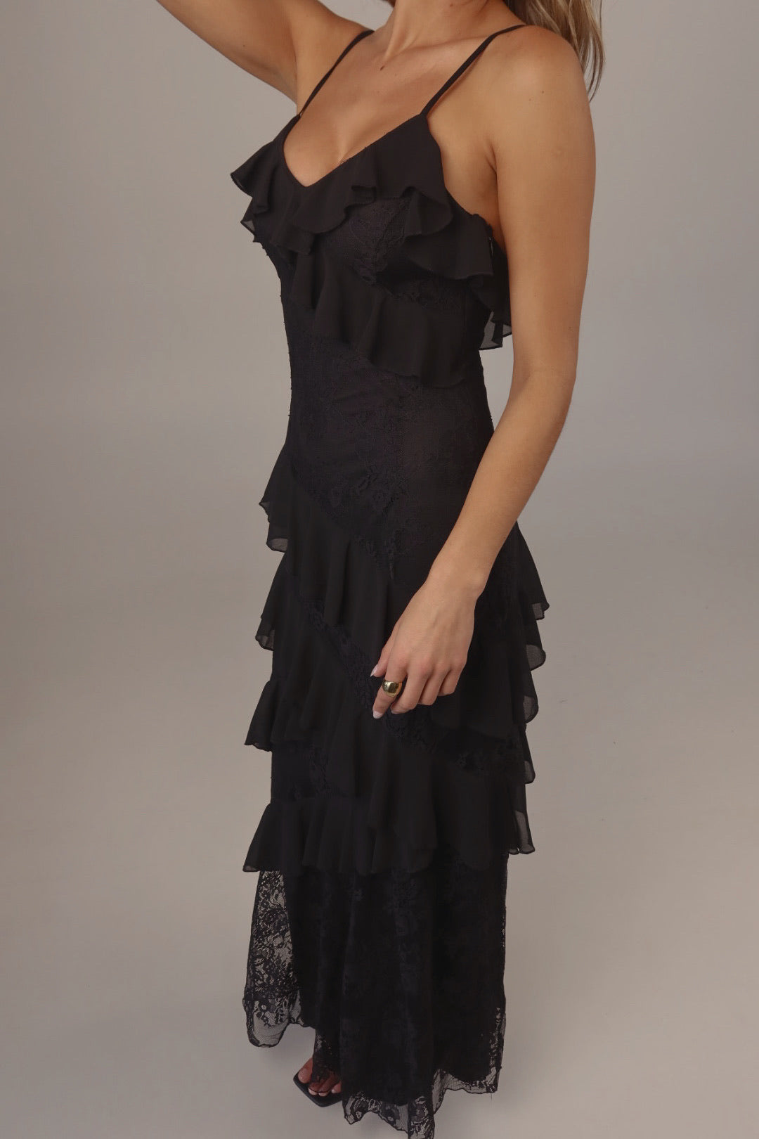 Black Enchanted Lace Tiered Maxi Dress