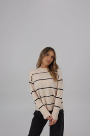 Striped Long Sleeve Sweater in Beige/Black