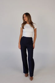 Navy Plaid High-Waisted Trousers