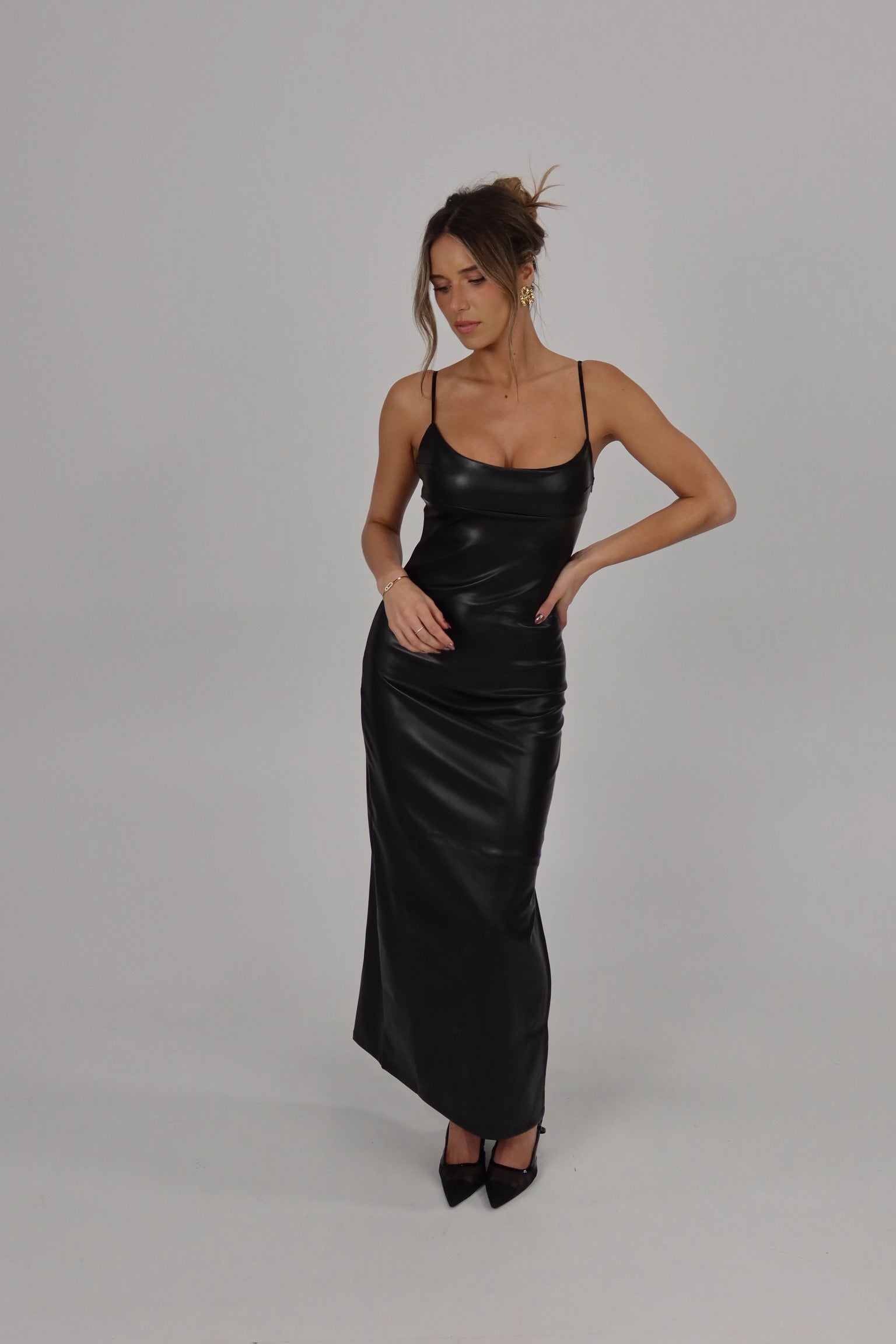 Stella Luxe Backless Vegan Leather Maxi in Black