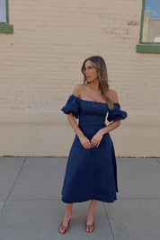 Denim Dreams Puff Sleeve A-Line Midi Dress