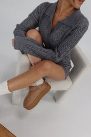 Cozy Cable Knit Button-Up Romper In Grey