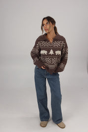 Holiday Vacation Quarter-Zip Knit in Brown/Beige