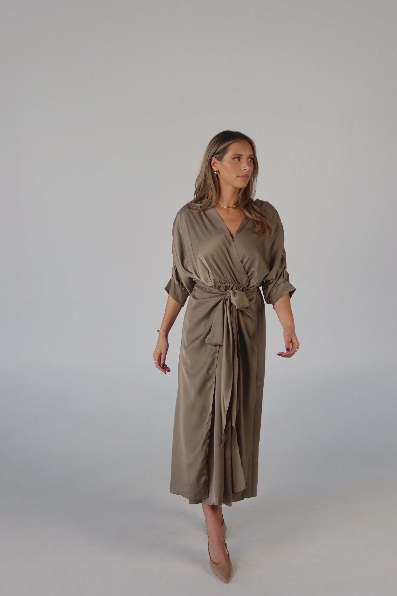 Olive Satin Wrap Midi Dress