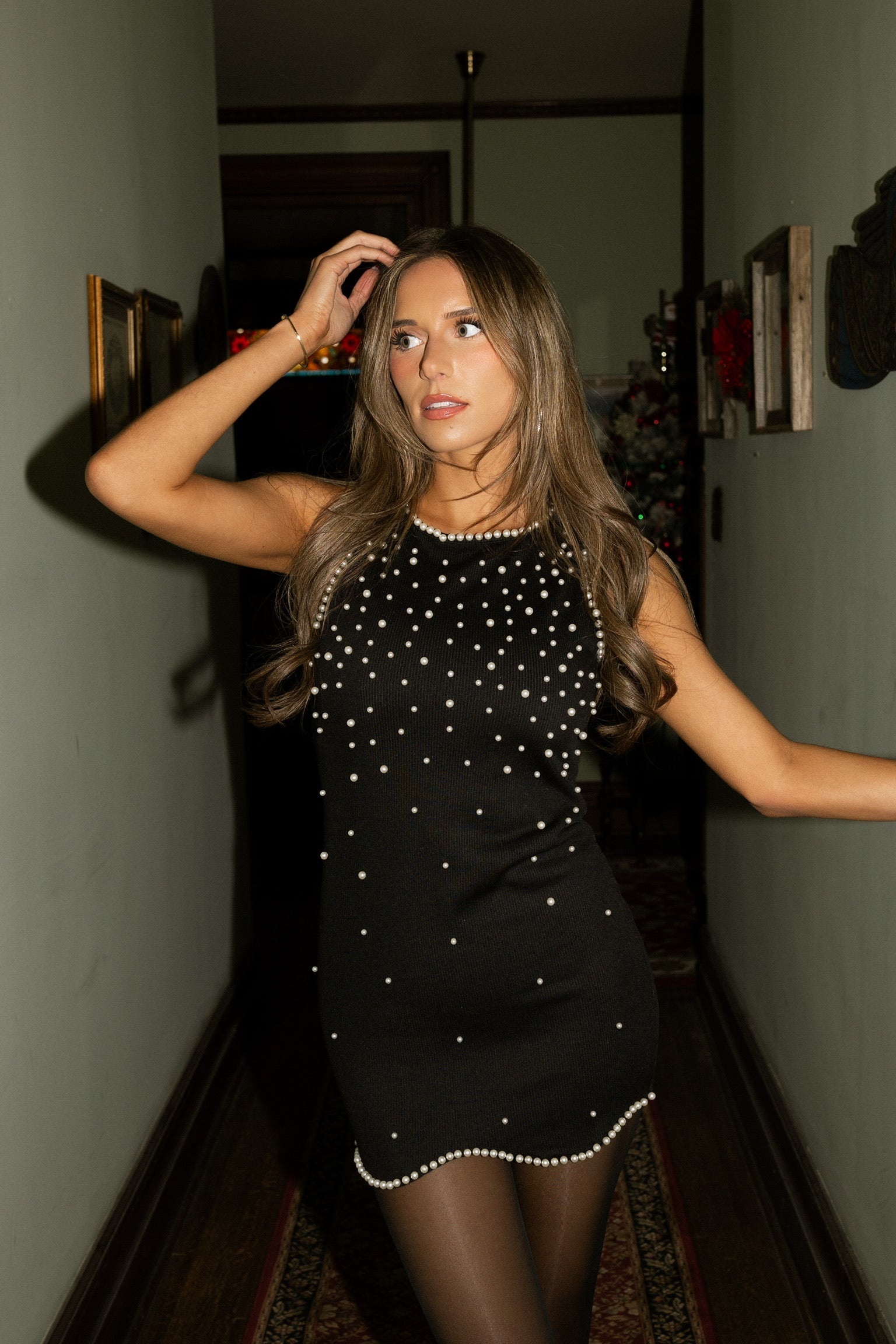 Roselle Pearl Mini Dress in Black