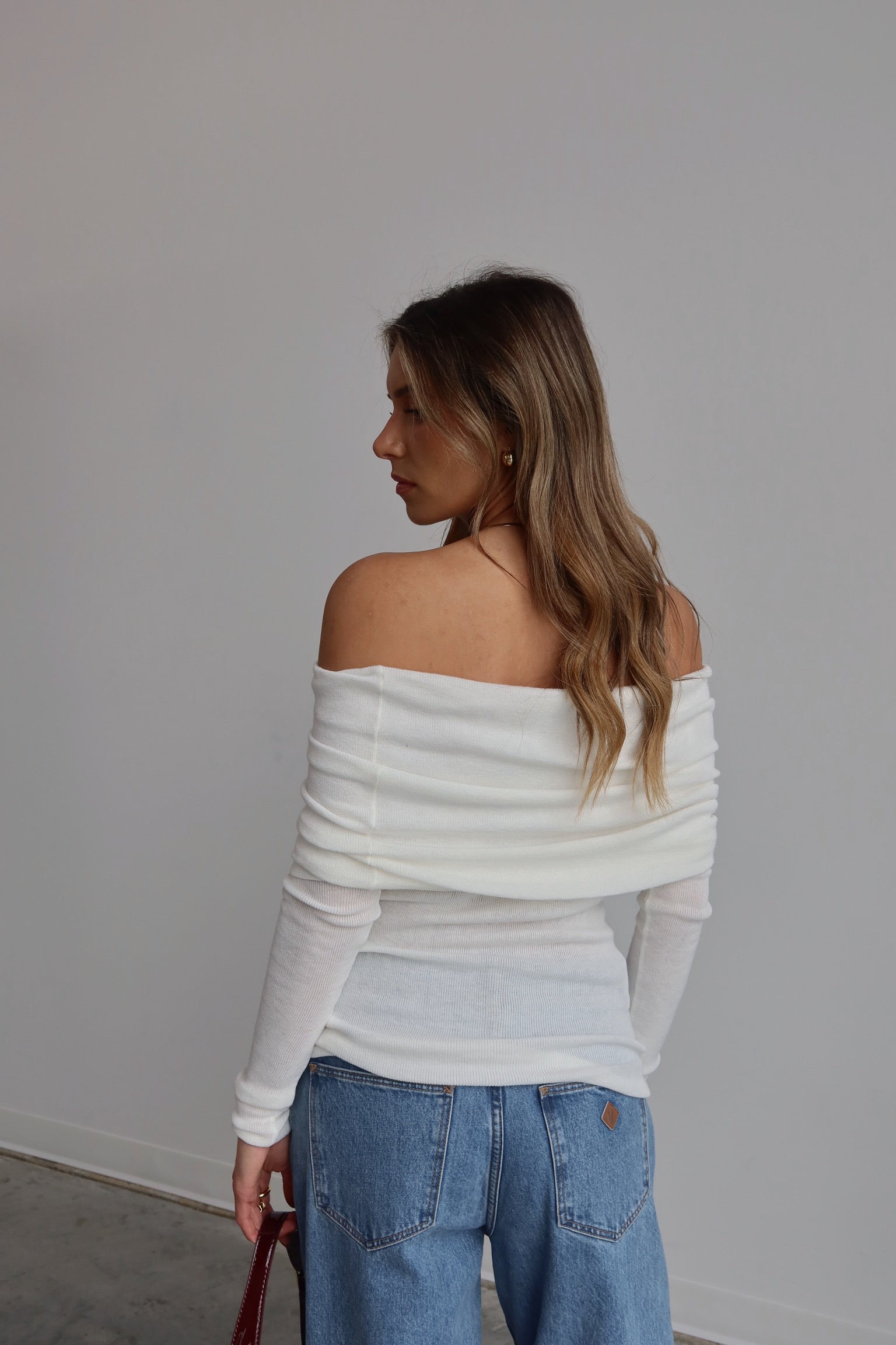 White Off-Shoulder Fold Knit Top