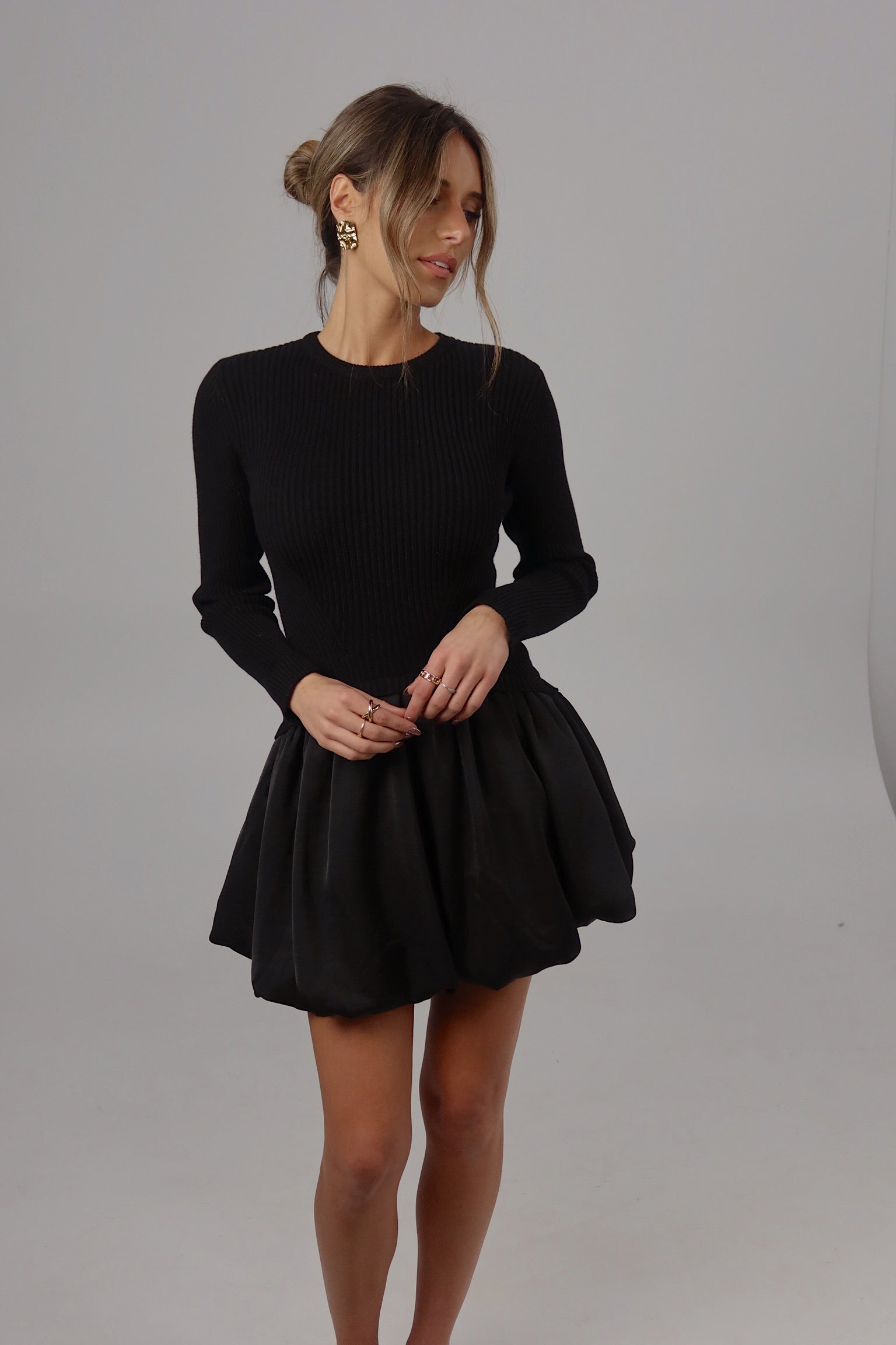 Lane Long Sleeve Knit Bubble Dress in Black