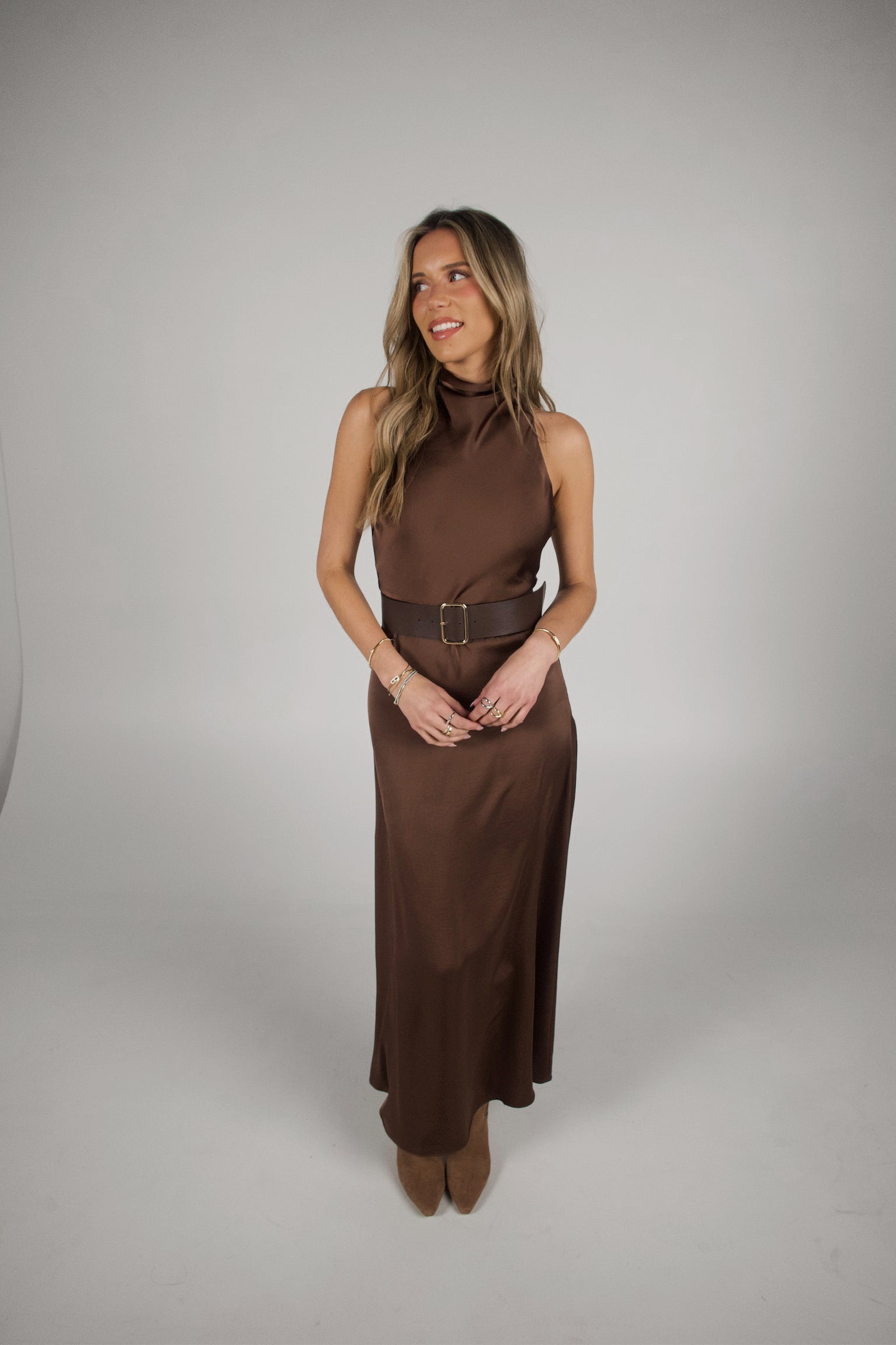Carmen Belted Satin Maxi Dress
