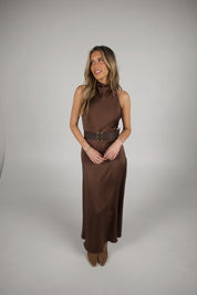 Carmen Belted Satin Maxi Dress