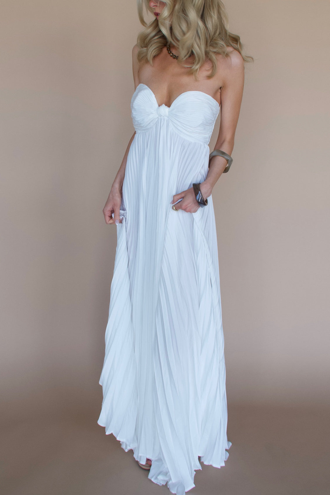 Strapless White Pleated Maxi Dress