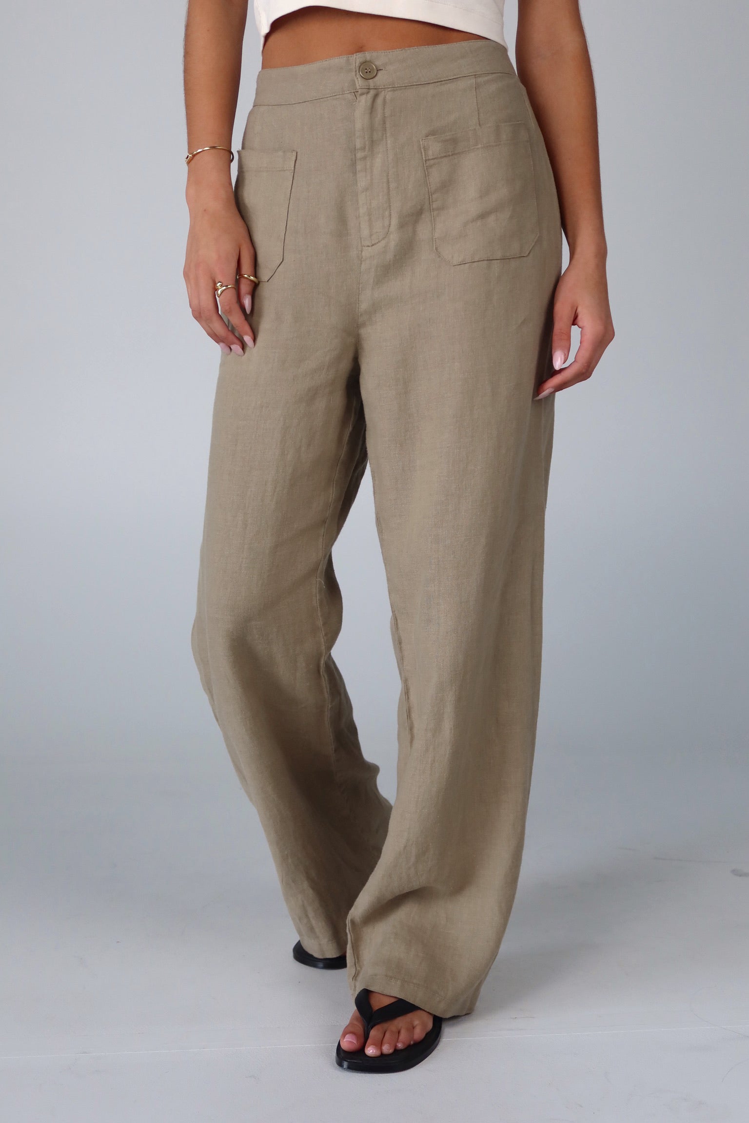 Olive Linen Washed Pocket Detail Pant