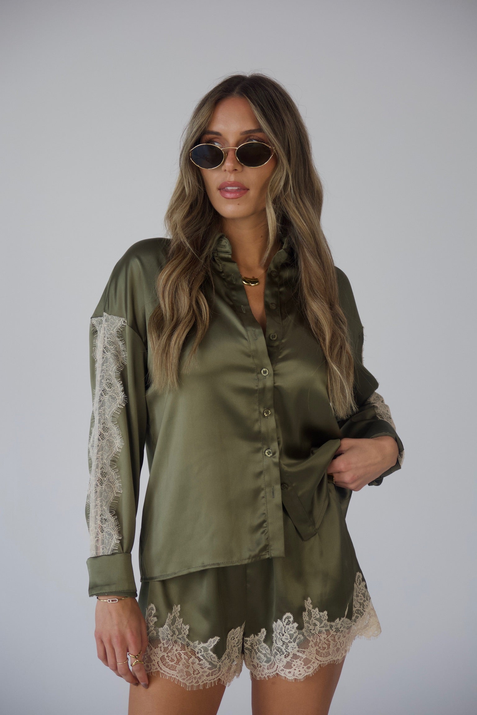 Nevaeh Olive Satin Short Set