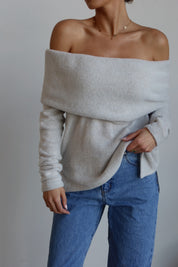 Cozy Luxe Off-Shoulder Hacci Top in Light Grey