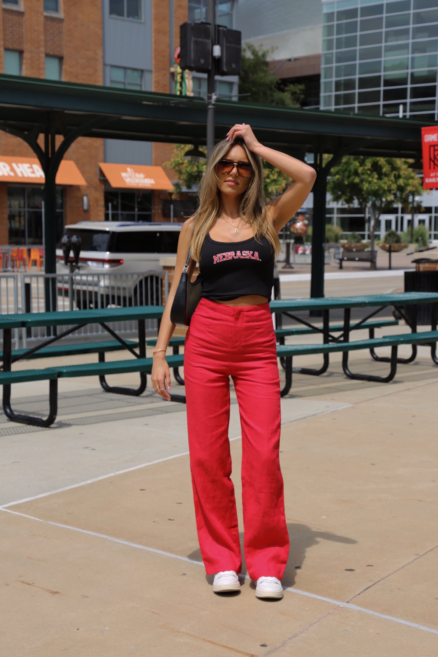 Red High Rise Linen Pant