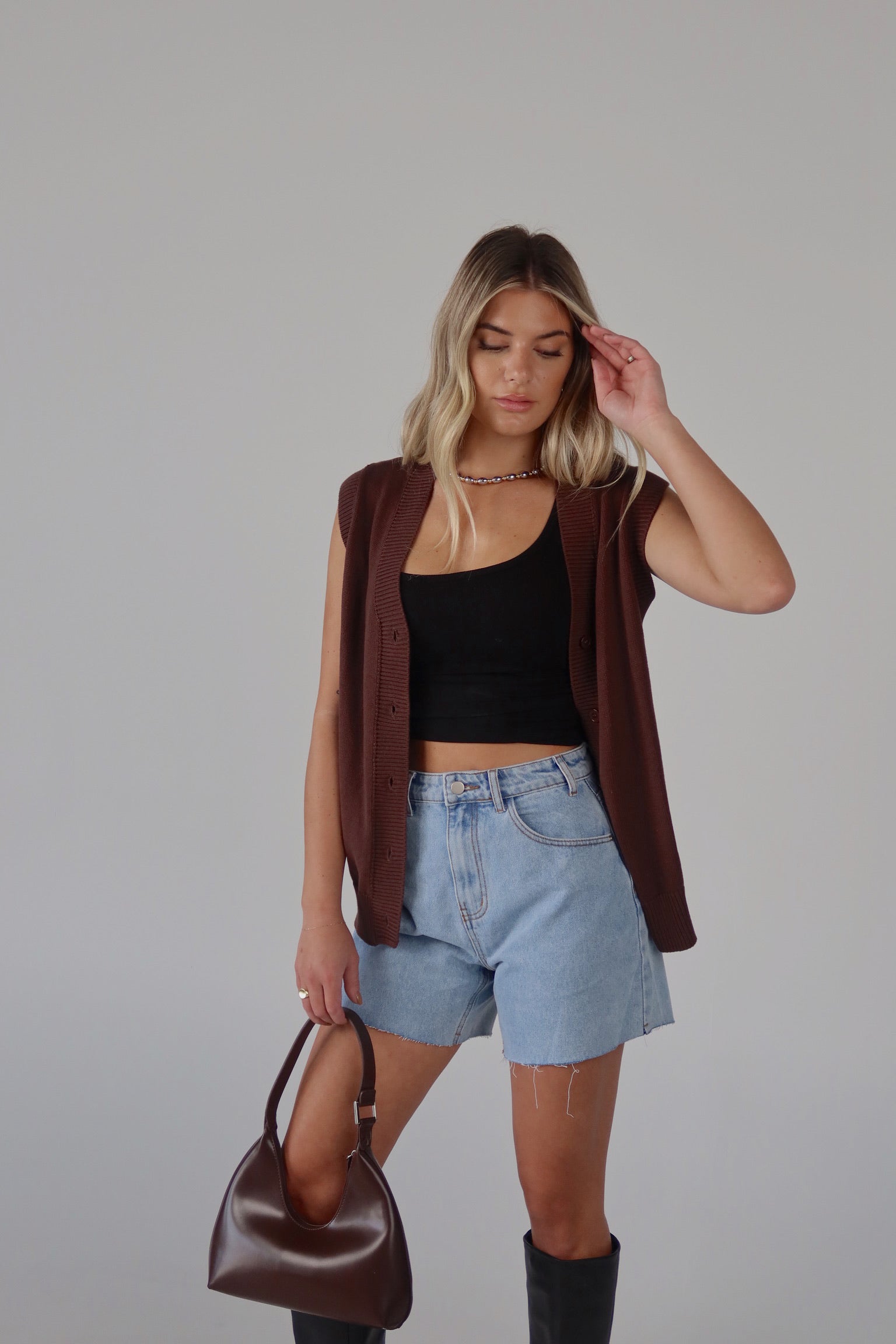 Brown Sleeveless Button-Down Sweater