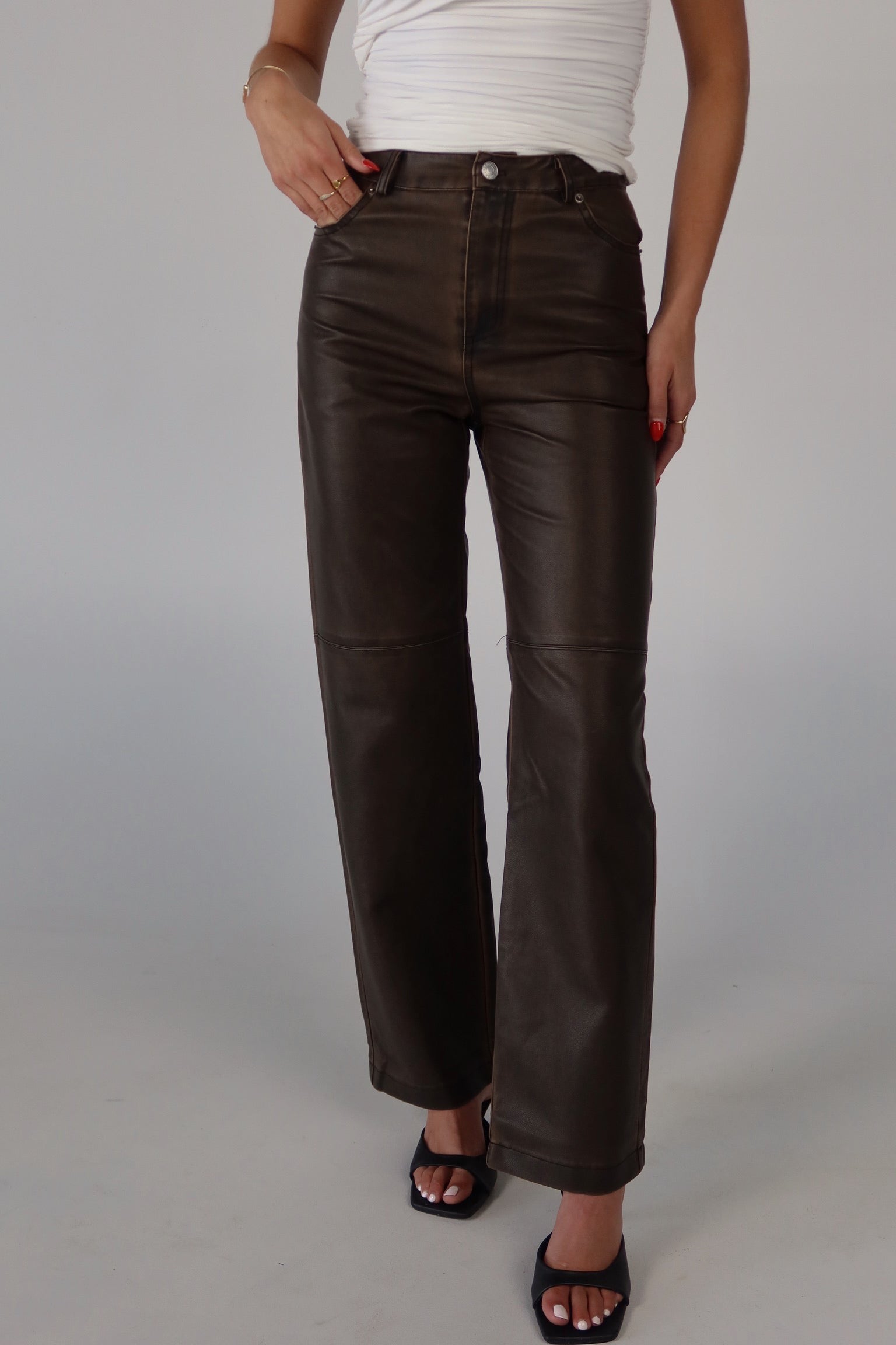 Brown Vintage Washed Pleather Pants