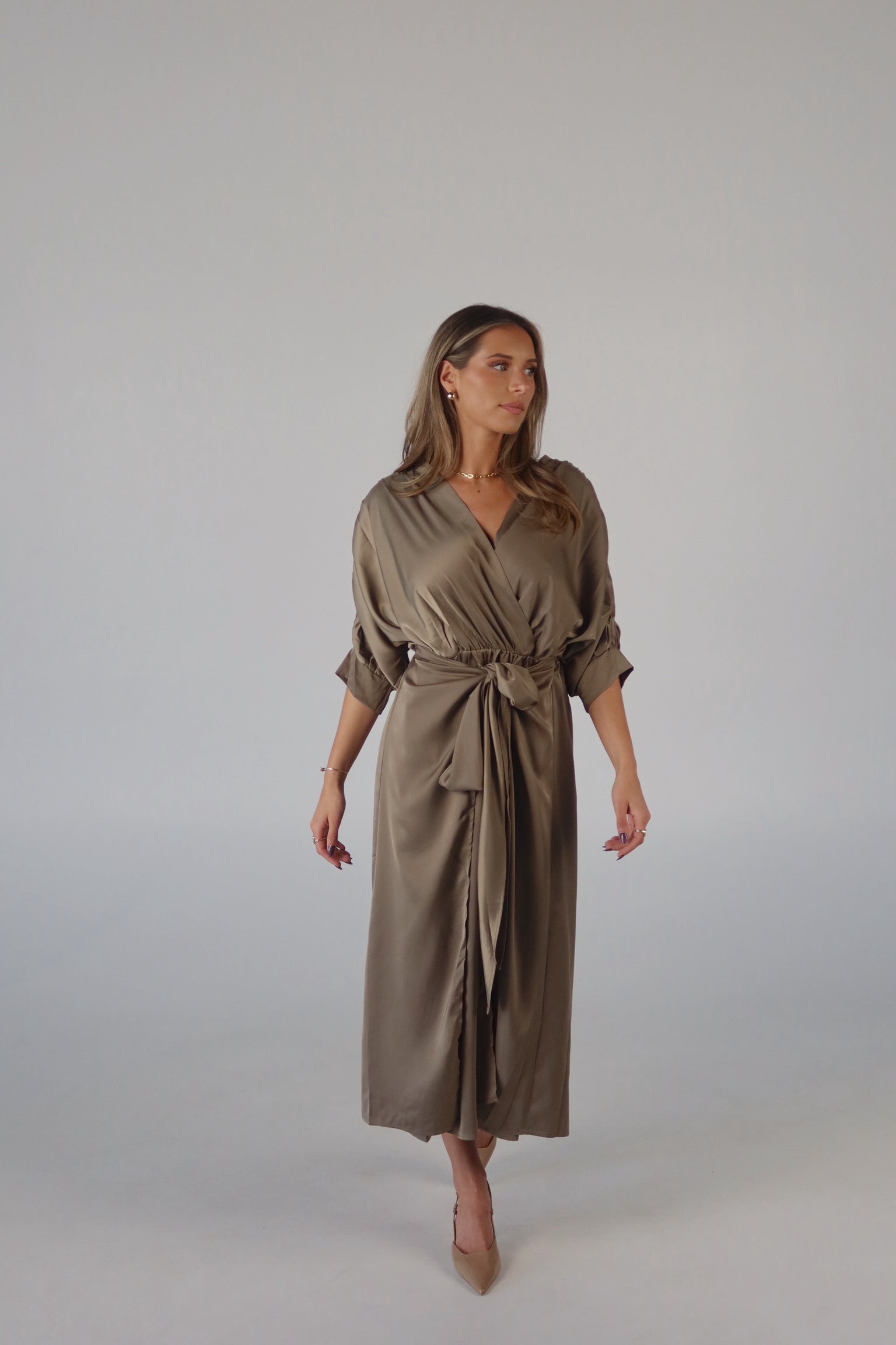 Olive Satin Wrap Midi Dress