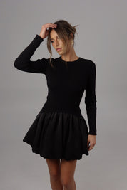 Lane Long Sleeve Knit Bubble Dress in Black