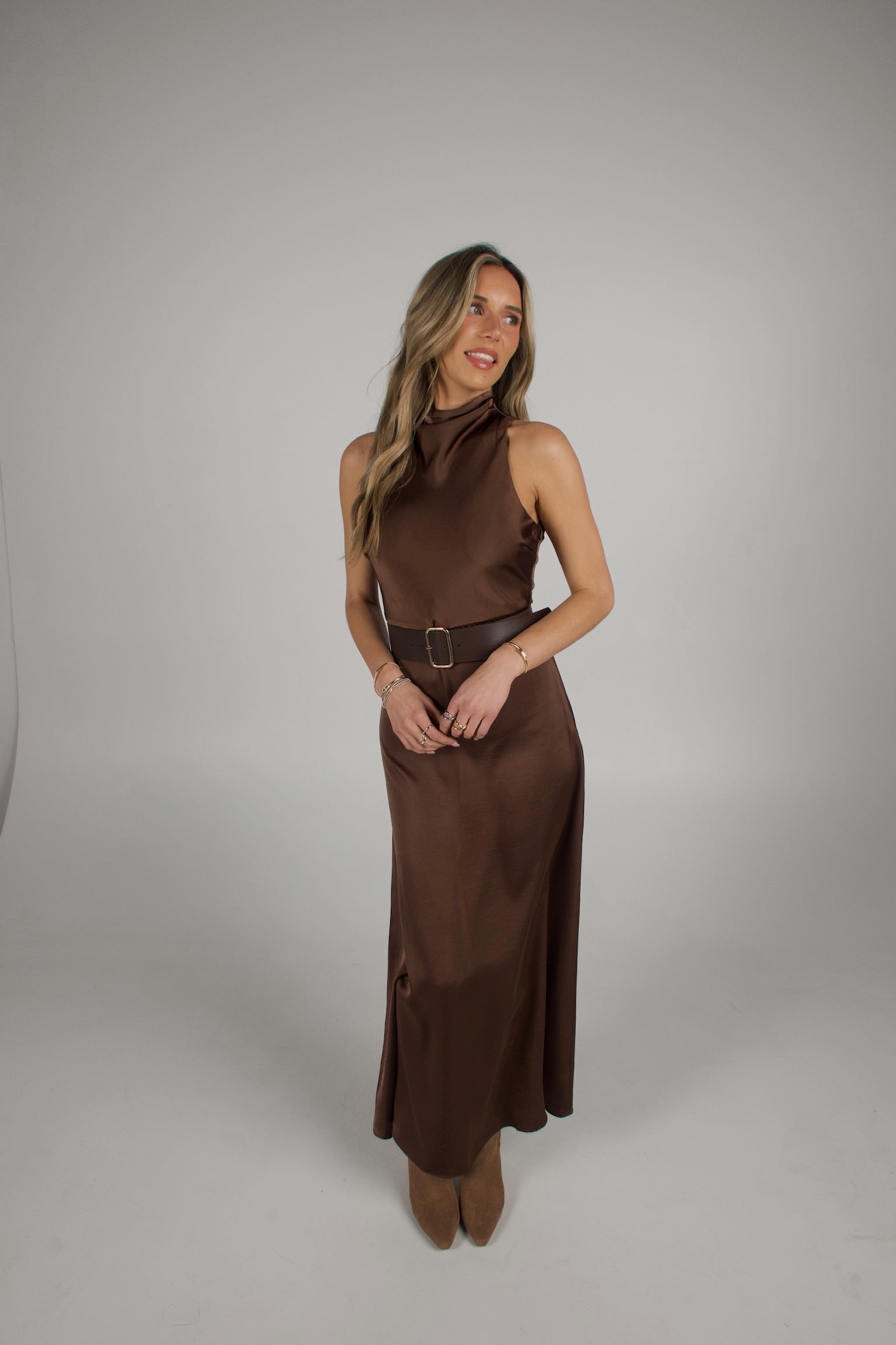 Carmen Belted Satin Maxi Dress