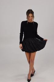 Lane Long Sleeve Knit Bubble Dress in Black