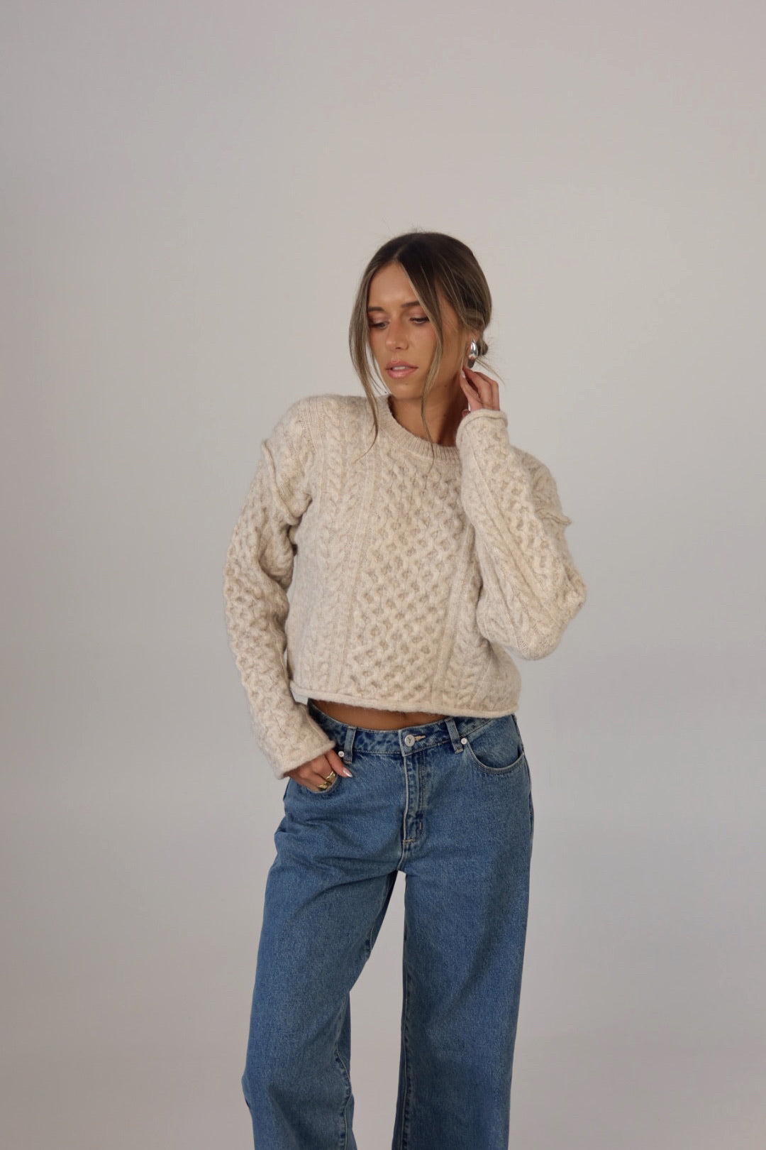 Eco Cable Knit Crew Sweater in Natural