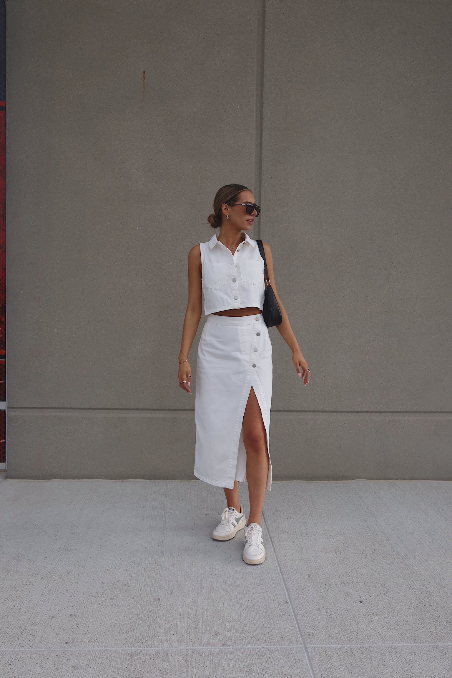 White Denim Button Down Top and Skirt Set