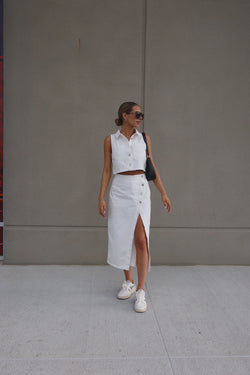 White Denim Button Down Top and Skirt Set