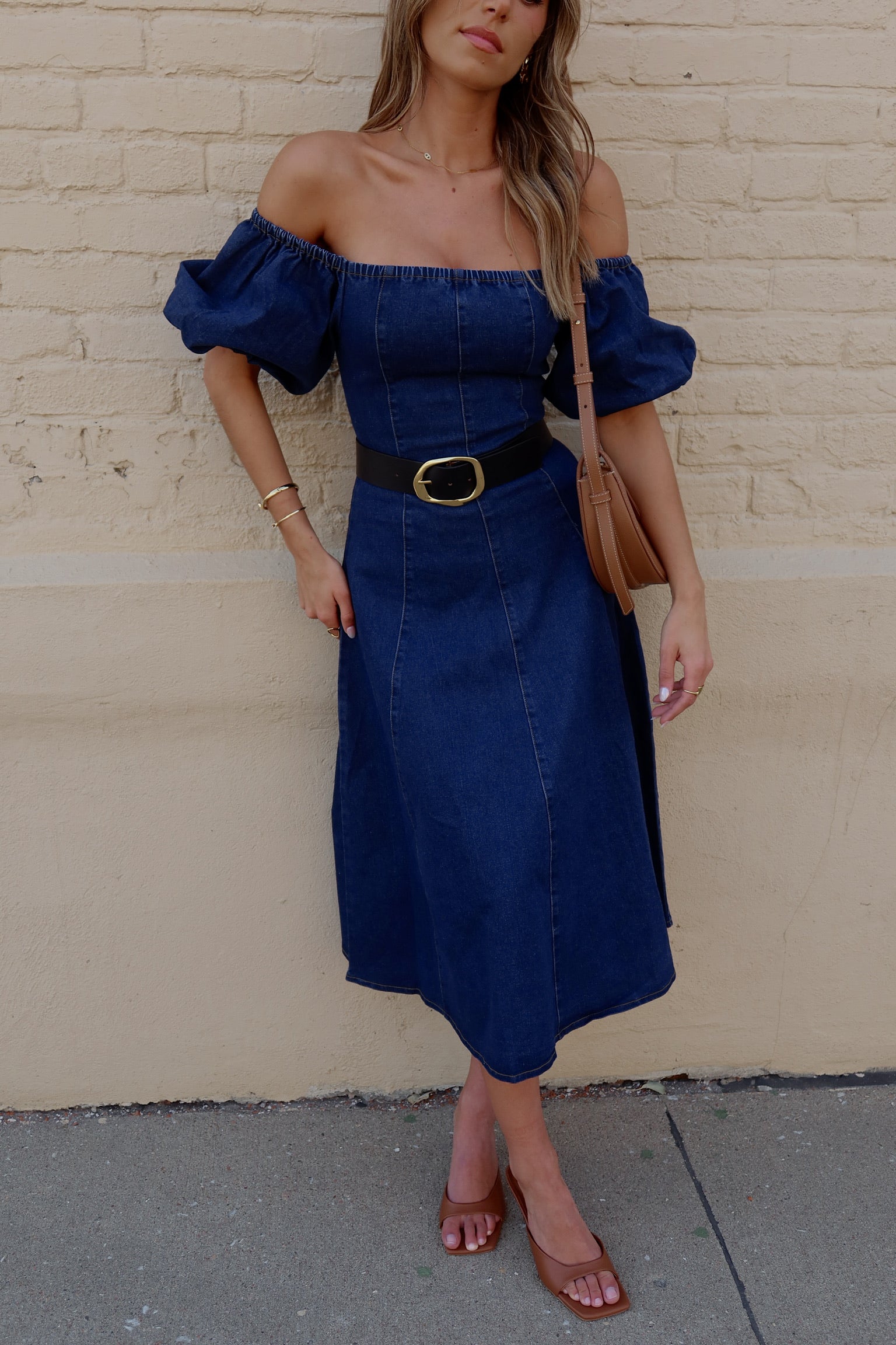 Denim Dreams Puff Sleeve A-Line Midi Dress