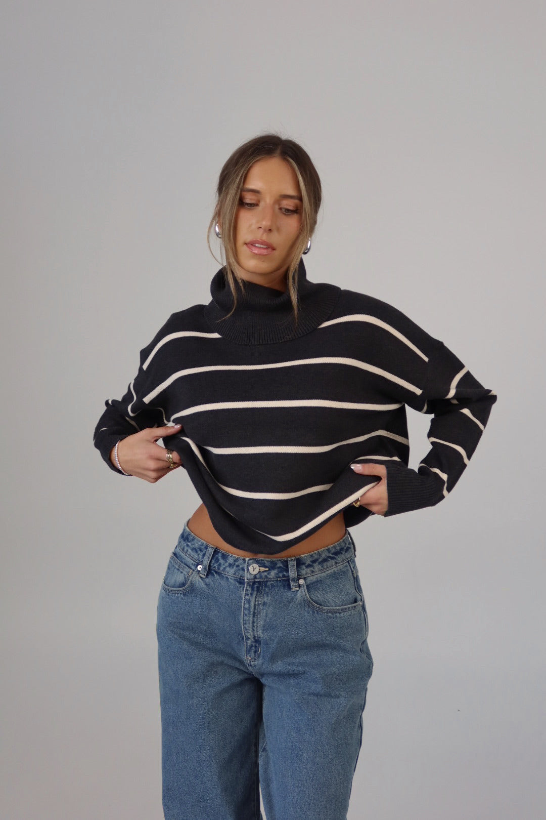 Striped Cozy Crop Turtleneck in Charcoal