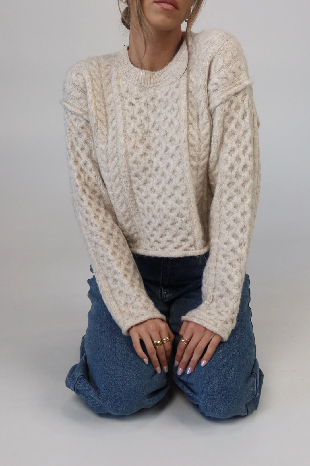 Eco Cable Knit Crew Sweater in Natural