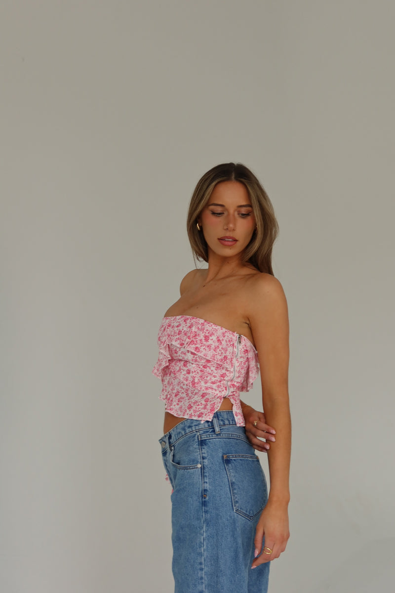 RESTOCKED :Zoey Pink Floral Strapless Top
