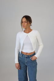 Chic One-Button Cropped Cardigan in White