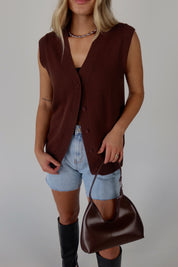 Brown Sleeveless Button-Down Sweater