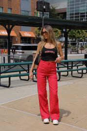 Red High Rise Linen Pant