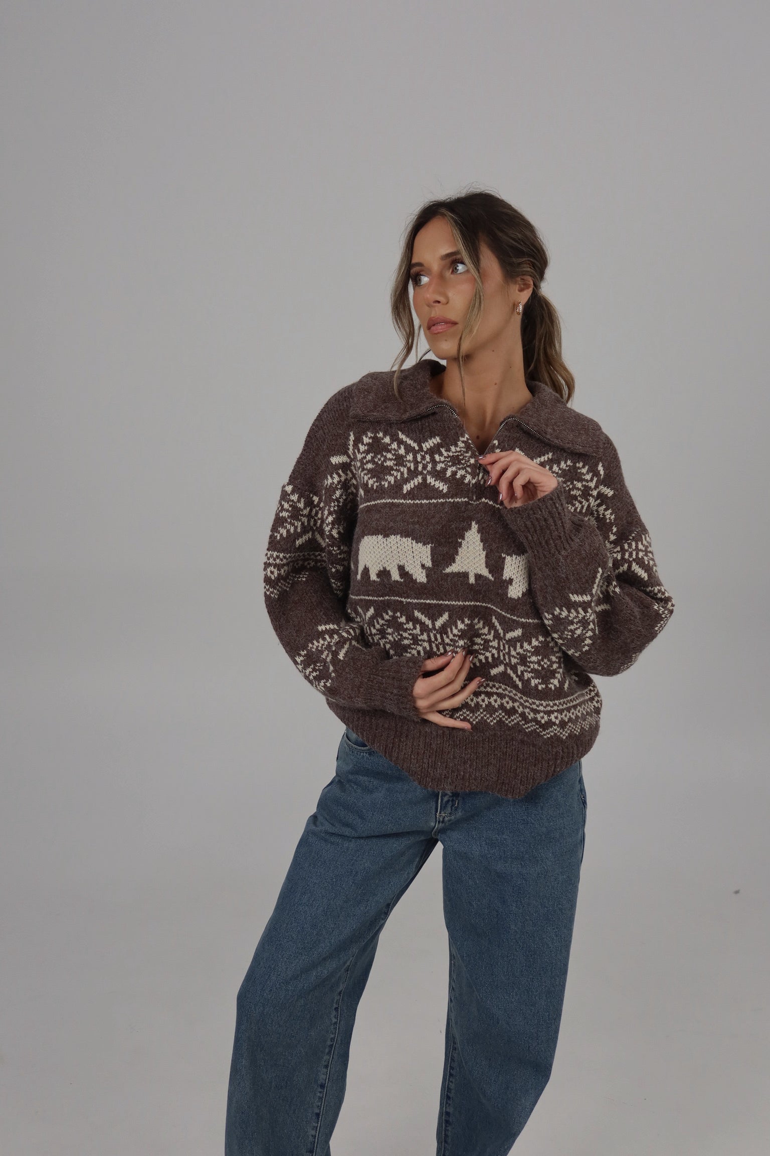 Holiday Vacation Quarter-Zip Knit in Brown/Beige