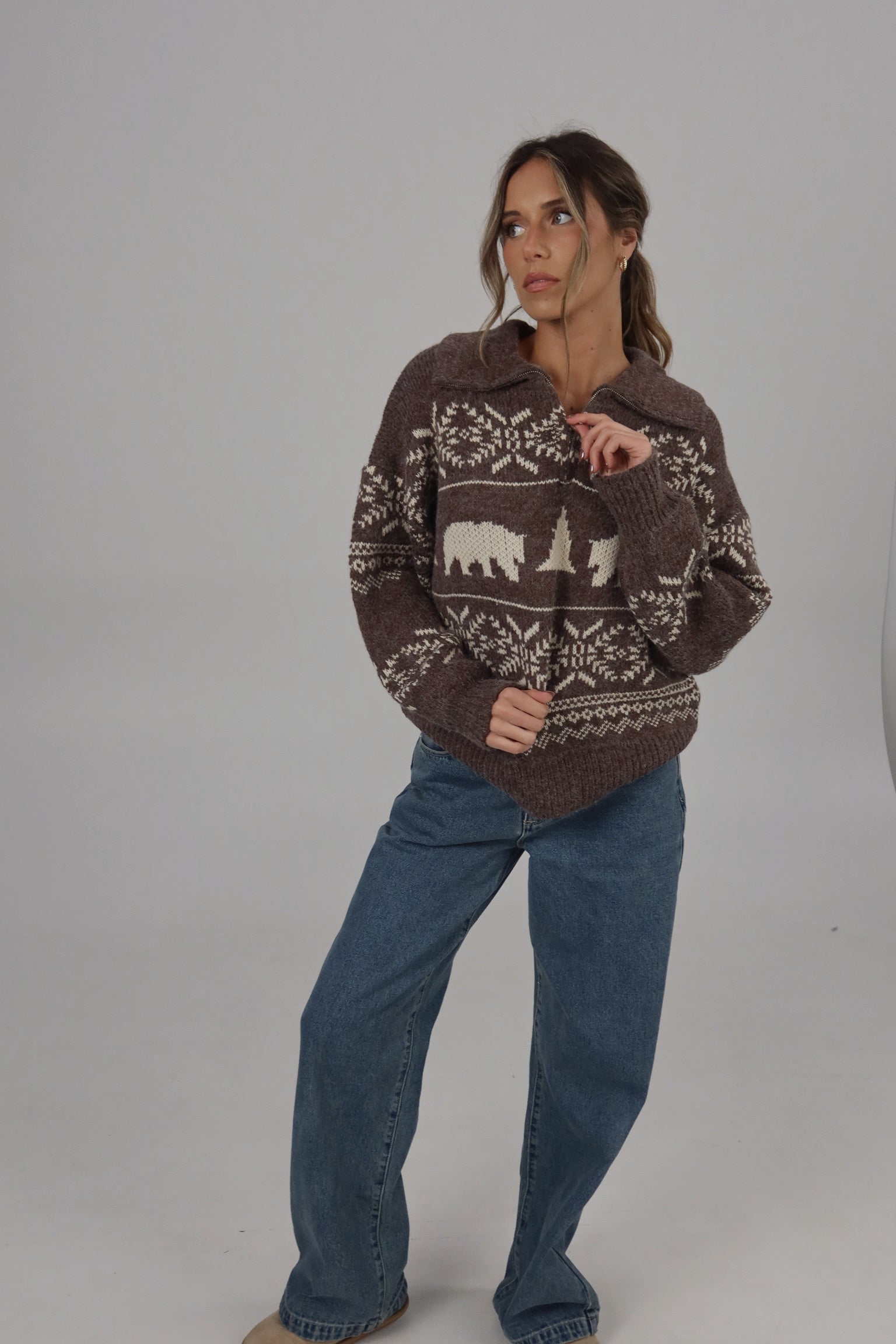 Holiday Vacation Quarter-Zip Knit in Brown/Beige