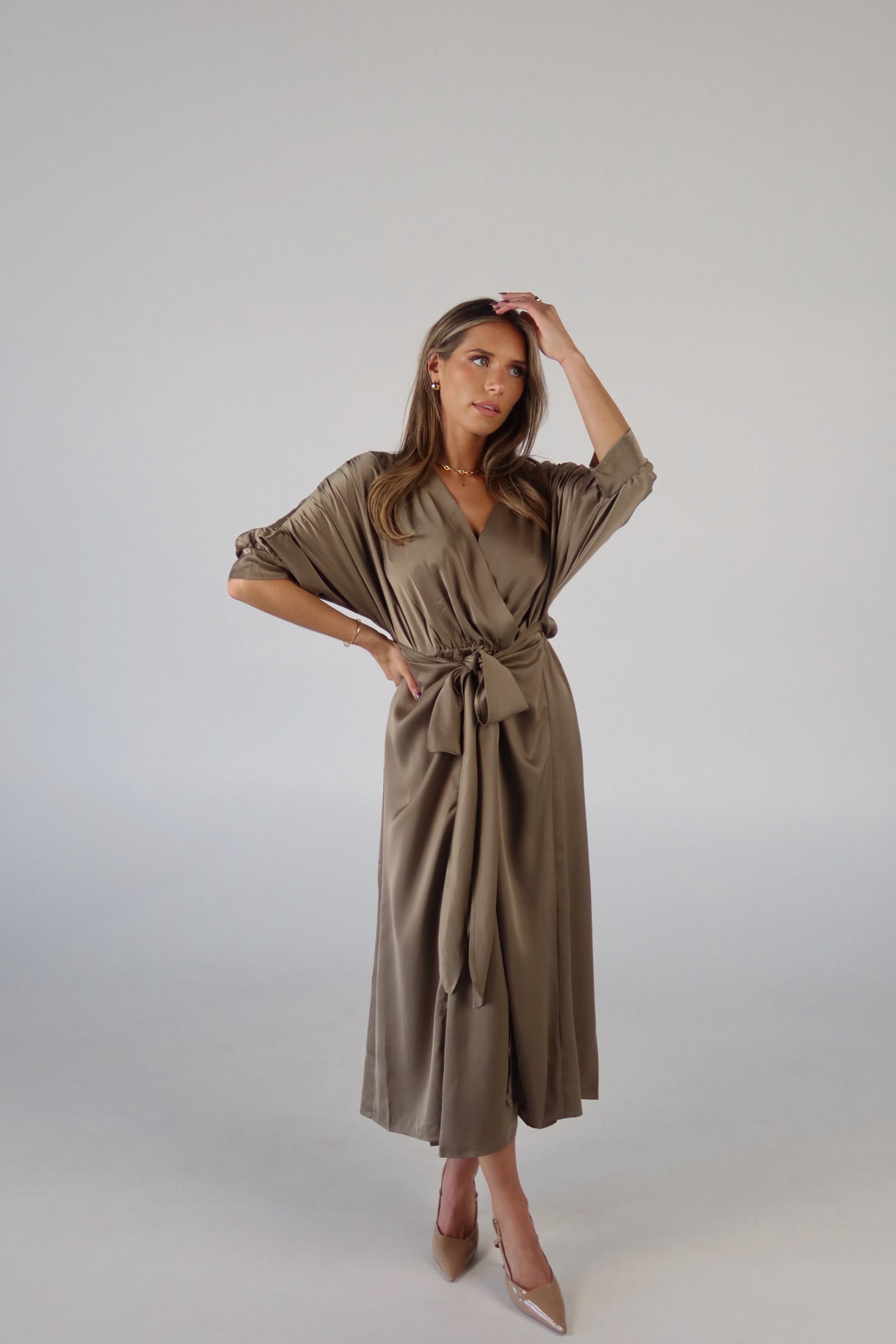 Olive Satin Wrap Midi Dress