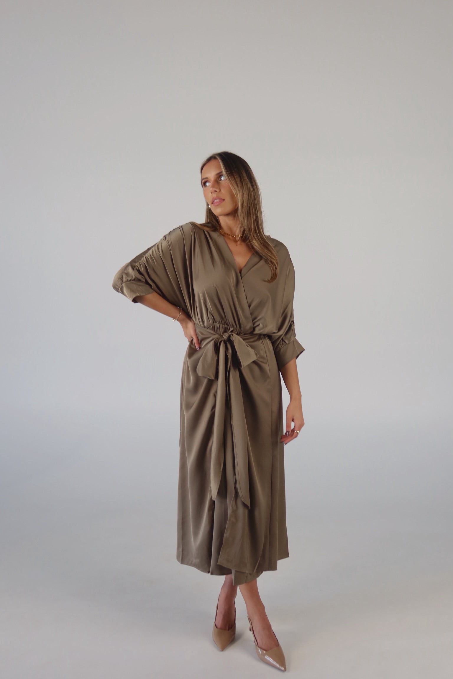 Olive Satin Wrap Midi Dress