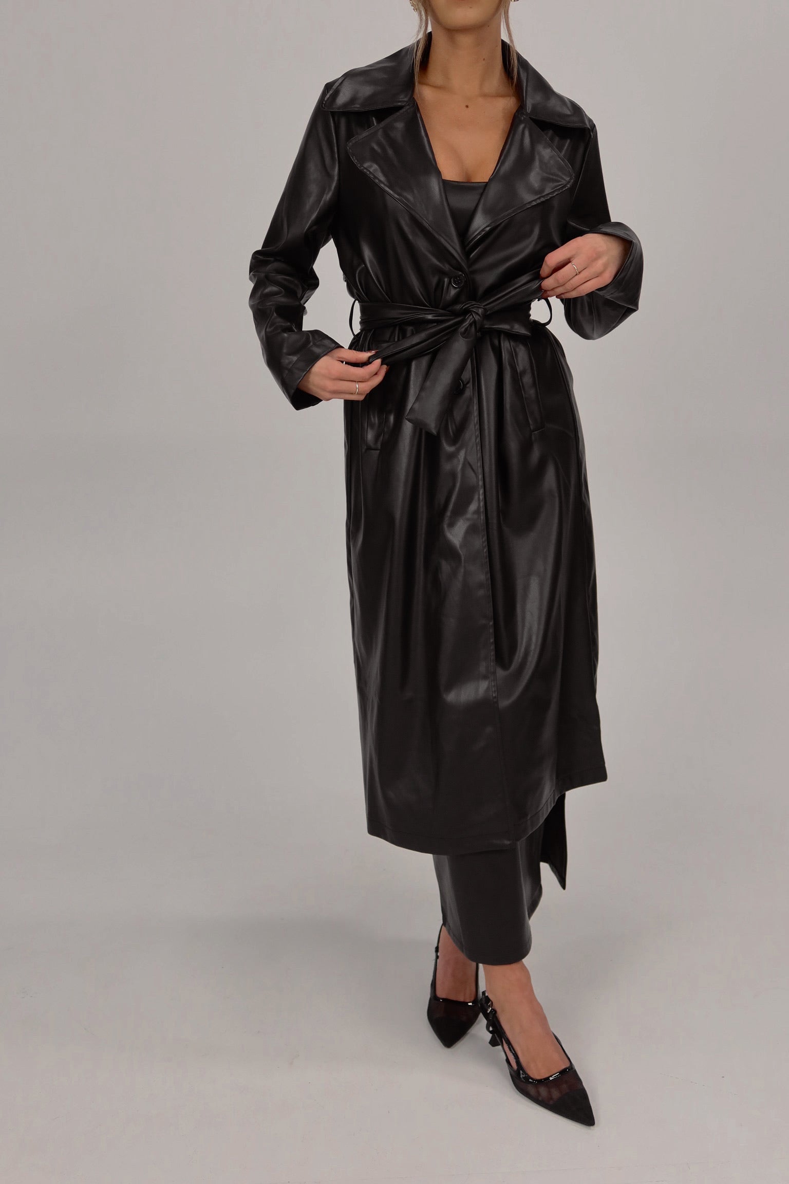 Black Pleather Trench Coat