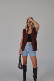 Brown Sleeveless Button-Down Sweater